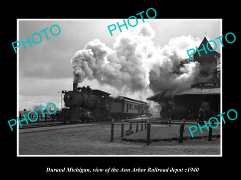 OLD LARGE HISTORIC PHOTO OF DURAND MICHIGAN, VIEW OF AA RAILROAD DEPOT c1940