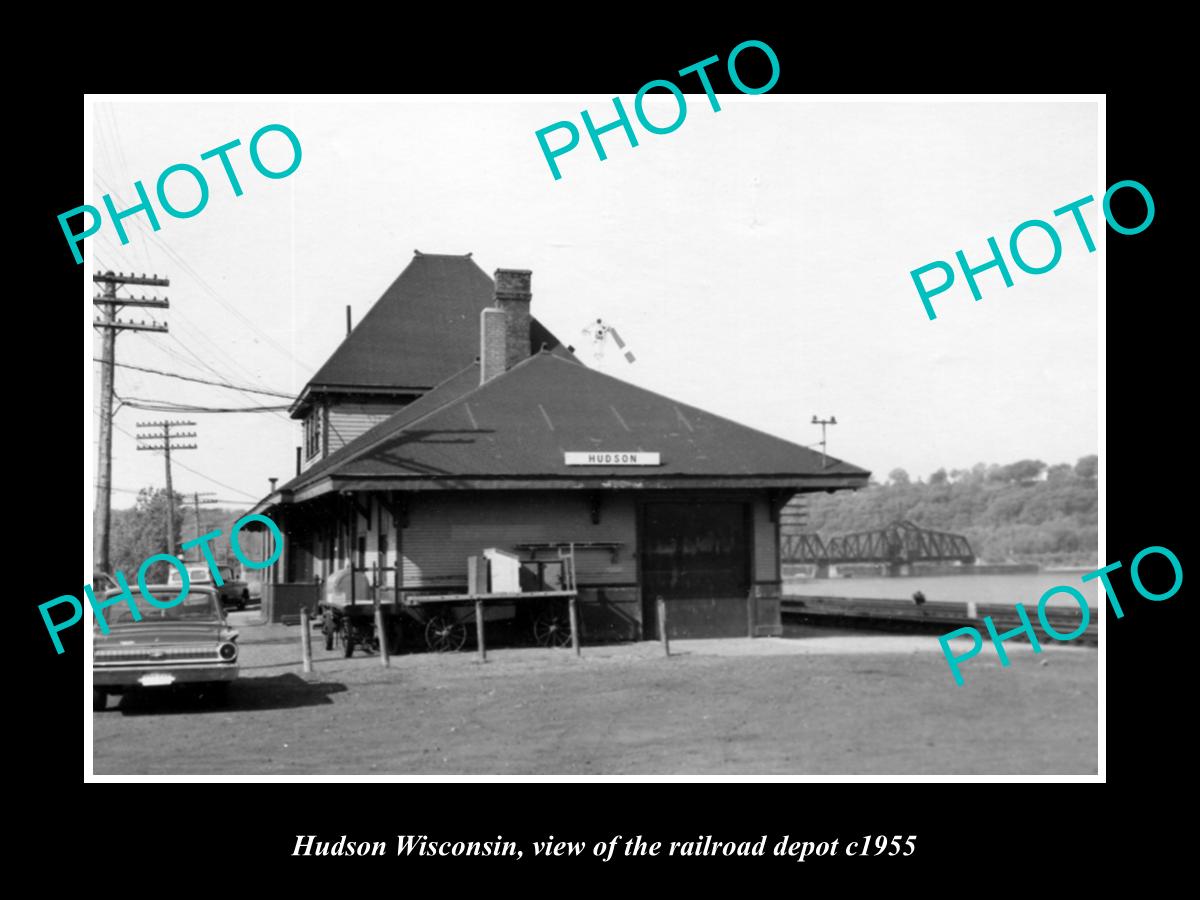 OLD LARGE HISTORIC PHOTO OF HUDSON WISCONSIN, VIEW OF RAILROAD DEPOT c1955