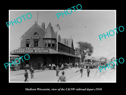 OLD LARGE HISTORIC PHOTO OF MADISON WISCONSIN, VIEW OF C&NW RAILROAD DEPOT c1910