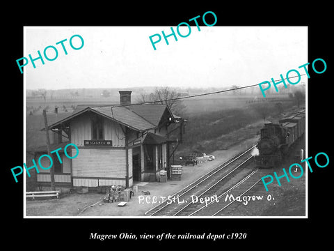 OLD LARGE HISTORIC PHOTO OF MAGREW OHIO, VIEW OF THE RAILROAD DEPOT c1920