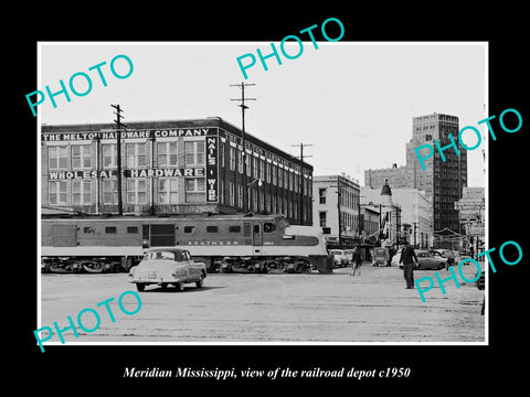 OLD LARGE HISTORIC PHOTO OF MERIDIAN MISSISSIPPI, VIEW OF RAILROAD DEPOT c1950