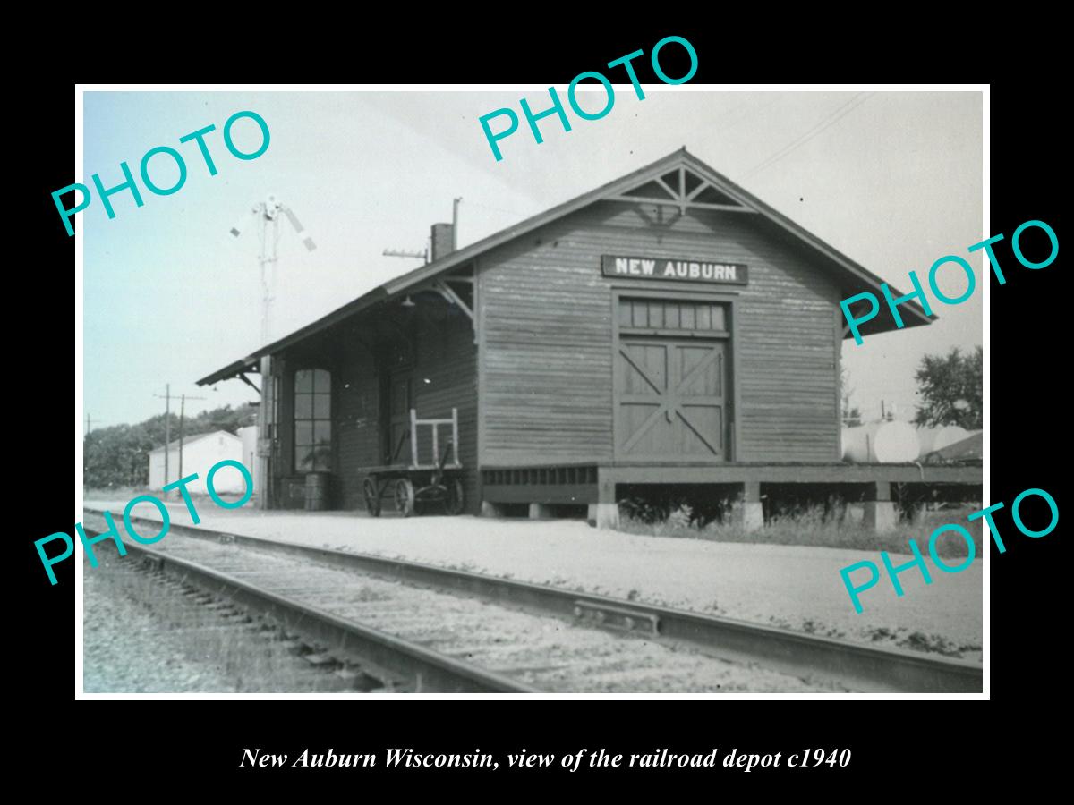 OLD LARGE HISTORIC PHOTO OF NEW AUBURN WISCONSIN, VIEW OF RAILROAD DEPOT c1940