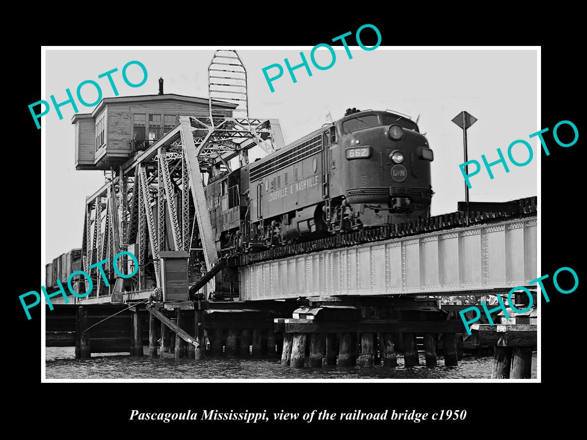 OLD LARGE HISTORIC PHOTO OF PASCAGOULA MISSISSIPPI, VIEW OF RAILROAD BRIDGE 1950