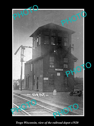 OLD LARGE HISTORIC PHOTO OF TREGO WISCONSIN, VIEW OF THE RAILROAD DEPOT c1920