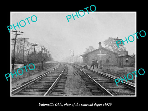 OLD LARGE HISTORIC PHOTO OF UNIONVILLE OHIO, VIEW OF THE RAILROAD DEPOT c1920