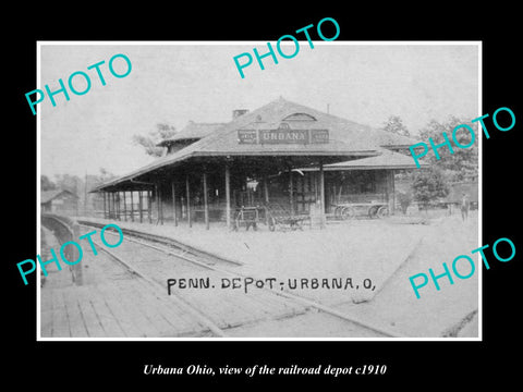 OLD LARGE HISTORIC PHOTO OF URBANA OHIO, VIEW OF THE RAILROAD DEPOT c1910