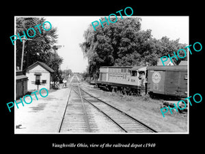 OLD LARGE HISTORIC PHOTO OF VAUGHSVILLE OHIO, VIEW OF THE RAILROAD DEPOT c1940