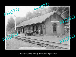 OLD LARGE HISTORIC PHOTO OF WAKEMAN OHIO, VIEW OF THE RAILROAD DEPOT c1920