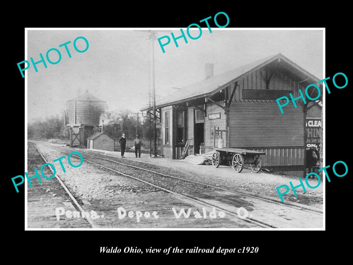 OLD LARGE HISTORIC PHOTO OF WALDO OHIO, VIEW OF THE RAILROAD DEPOT c1920