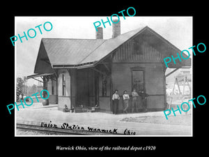 OLD LARGE HISTORIC PHOTO OF WARWICK OHIO, VIEW OF THE RAILROAD DEPOT c1920