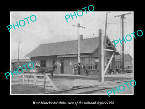 OLD LARGE HISTORIC PHOTO OF WEST MANCHESTER OHIO, VIEW OF RAILROAD DEPOT c1920