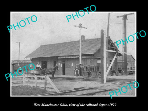 OLD LARGE HISTORIC PHOTO OF WEST MANCHESTER OHIO, VIEW OF RAILROAD DEPOT c1920