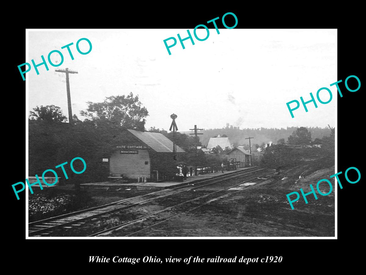 OLD LARGE HISTORIC PHOTO OF WHITE COTTAGE OHIO, VIEW OF THE RAILROAD DEPOT c1920