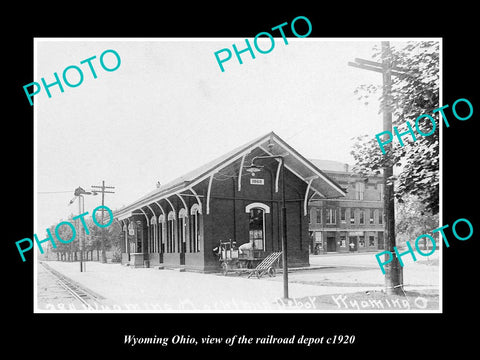 OLD LARGE HISTORIC PHOTO OF WYOMING OHIO, VIEW OF THE RAILROAD DEPOT c1920