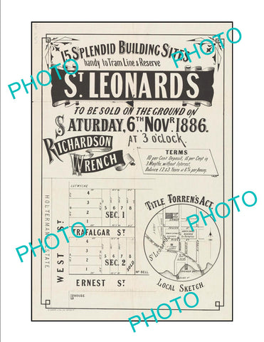 LARGE A3 HISTORIC POSTER OF SYDNEY NSW LAND SALE POSTER, ST LEONARDS c1886