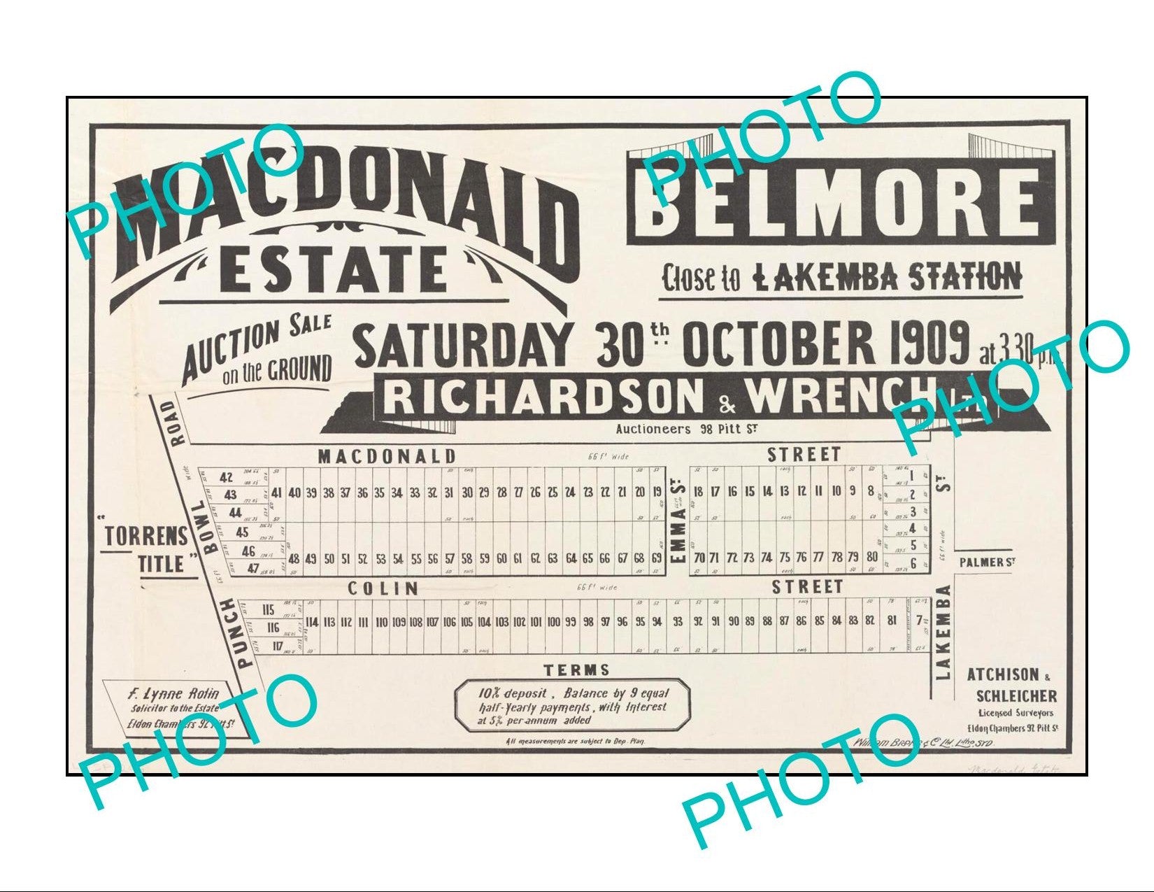 LARGE A3 HISTORIC POSTER OF SYDNEY NSW LAND SALE POSTER, BELMORE & LAKEMBA 1909