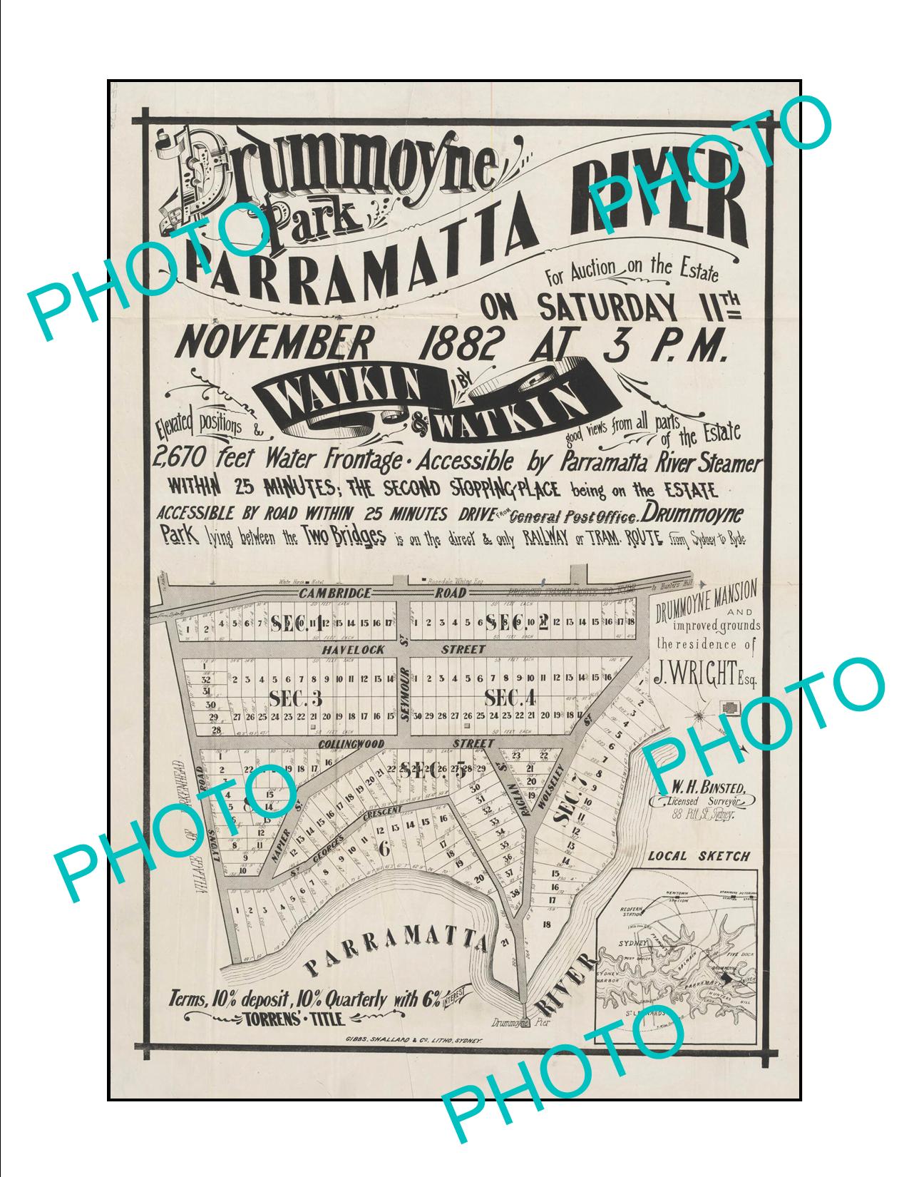 LARGE A3 HISTORIC POSTER OF SYDNEY NSW LAND SALE POSTER, DRUMMOYNE c1882