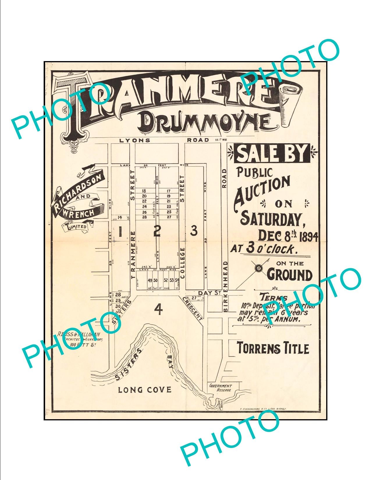 LARGE A3 HISTORIC POSTER OF SYDNEY NSW LAND SALE POSTER, DRUMMOYNE c1894 1