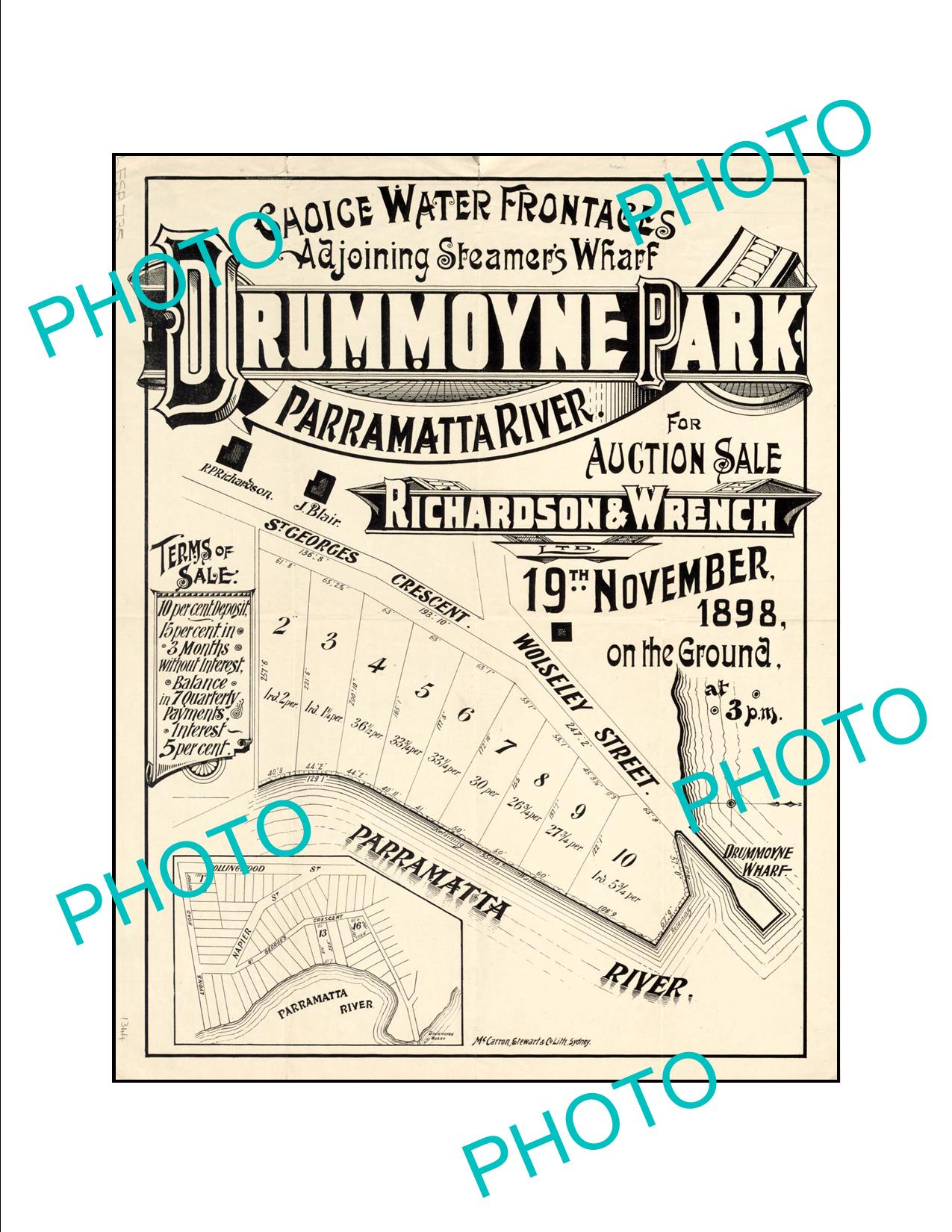 LARGE A3 HISTORIC POSTER OF SYDNEY NSW LAND SALE POSTER, DRUMMOYNE c1898