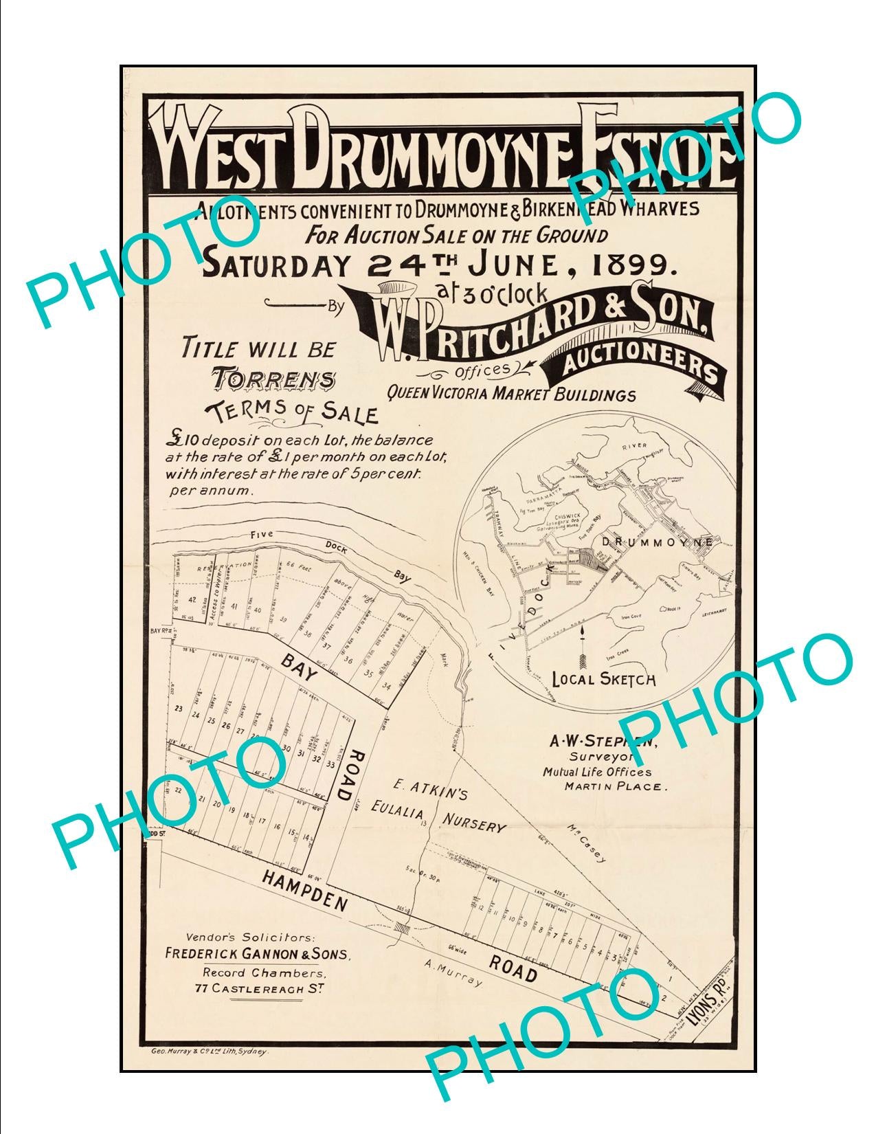 LARGE A3 HISTORIC POSTER OF SYDNEY NSW LAND SALE POSTER, DRUMMOYNE c1899