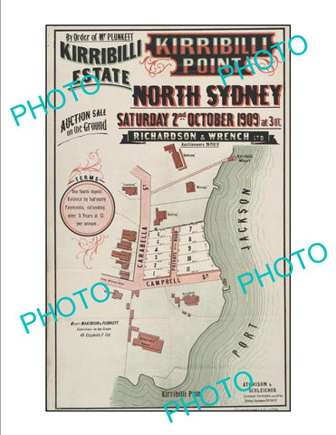 LARGE A3 HISTORIC POSTER OF SYDNEY NSW LAND SALE POSTER, KIRRIBILLI c1909