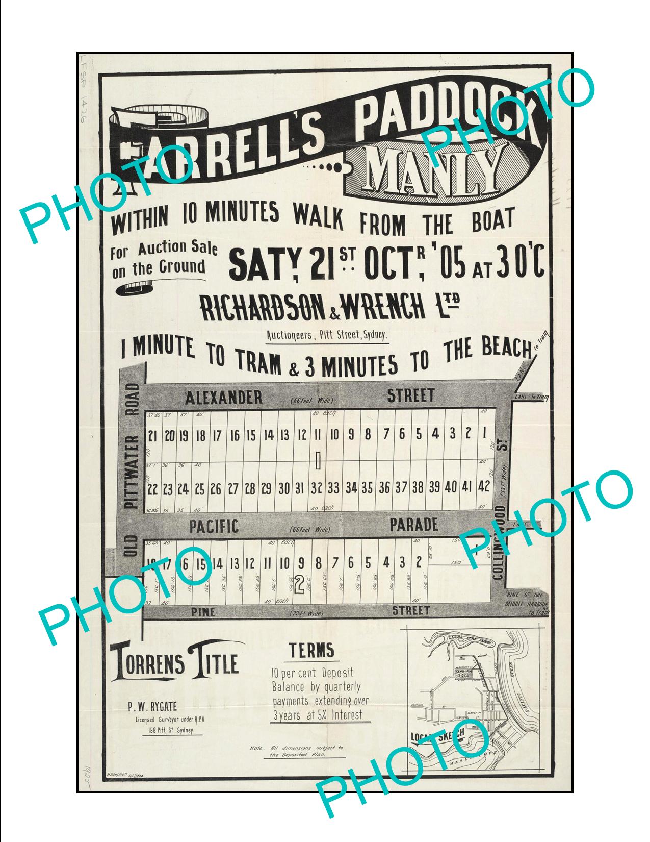 LARGE A3 HISTORIC POSTER OF SYDNEY NSW LAND SALE POSTER, MANLY c1900