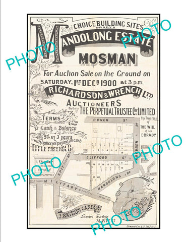 LARGE A3 HISTORIC POSTER OF SYDNEY NSW LAND SALE POSTER, MOSMAN c1900