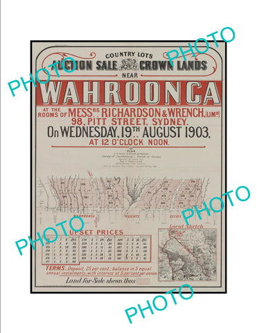 LARGE A3 HISTORIC POSTER OF SYDNEY NSW LAND SALE POSTER, WAHROONGA c1903