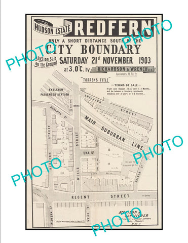 LARGE A3 HISTORIC POSTER OF SYDNEY NSW LAND SALE POSTER, REDFERN c1903