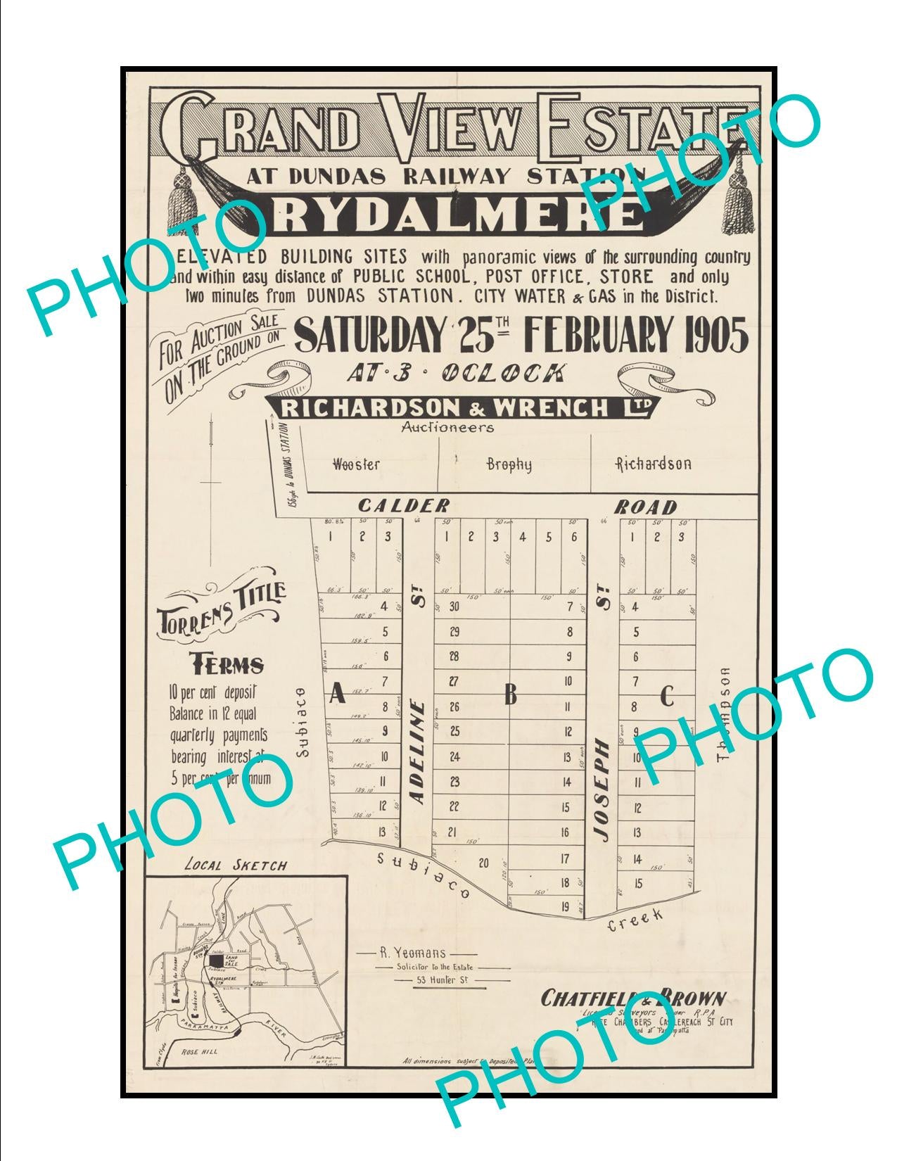 LARGE A3 HISTORIC POSTER OF SYDNEY NSW LAND SALE POSTER, RYDALMERE c1905