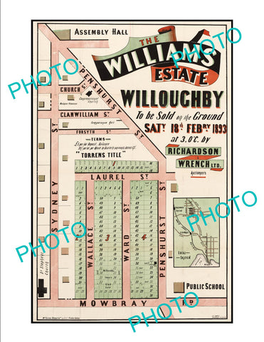 LARGE A3 HISTORIC POSTER OF SYDNEY NSW LAND SALE POSTER, WILLOUGHBY c1893