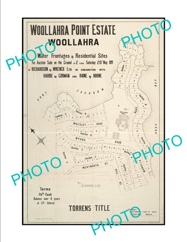 LARGE A3 HISTORIC POSTER OF SYDNEY NSW LAND SALE POSTER, WOOLLAHRA c1900