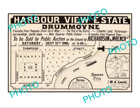 LARGE A3 HISTORIC POSTER OF SYDNEY NSW LAND SALE POSTER, DRUMMOYNE c1900 1