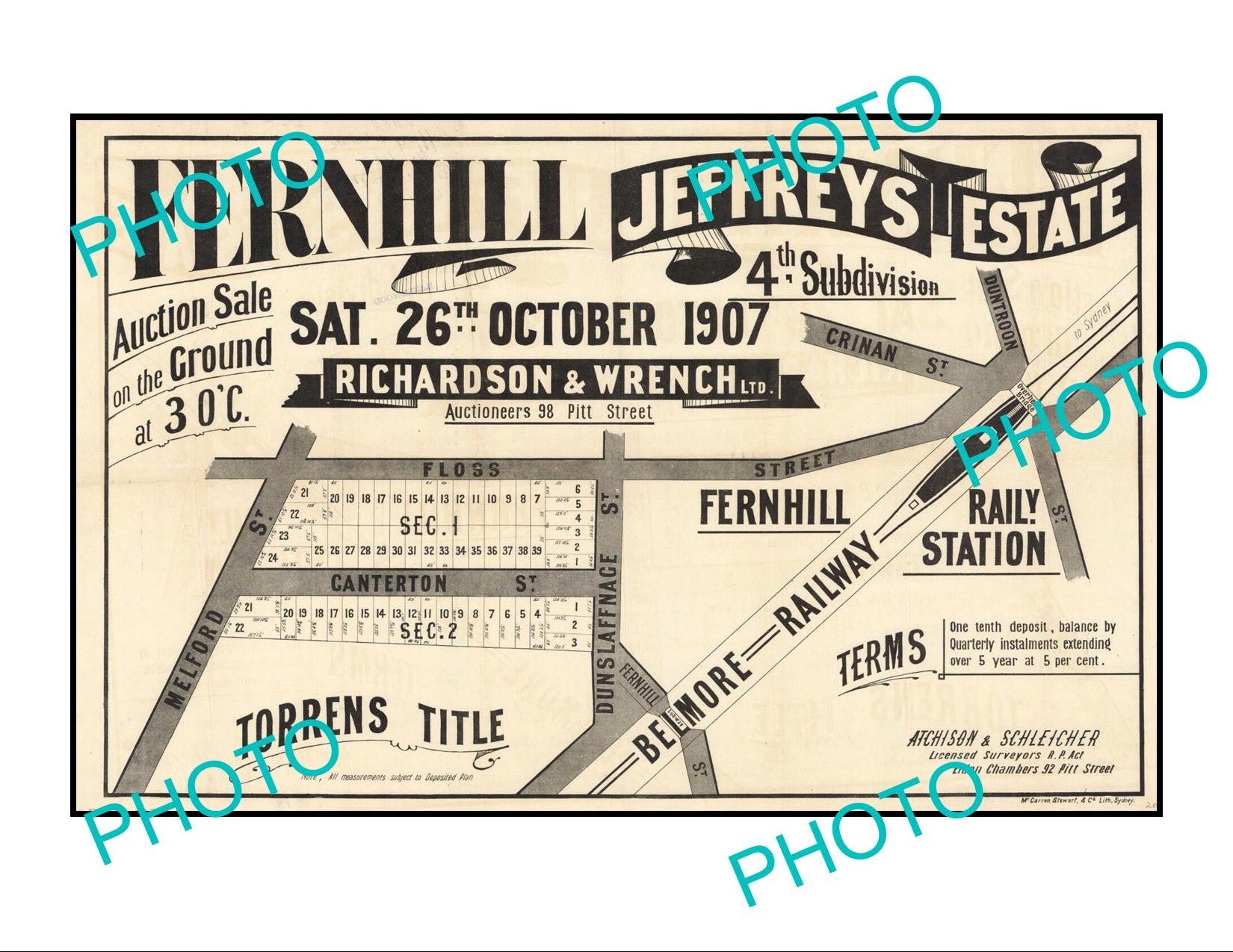 LARGE A3 HISTORIC POSTER OF SYDNEY NSW LAND SALE POSTER, FERNHILL c1907