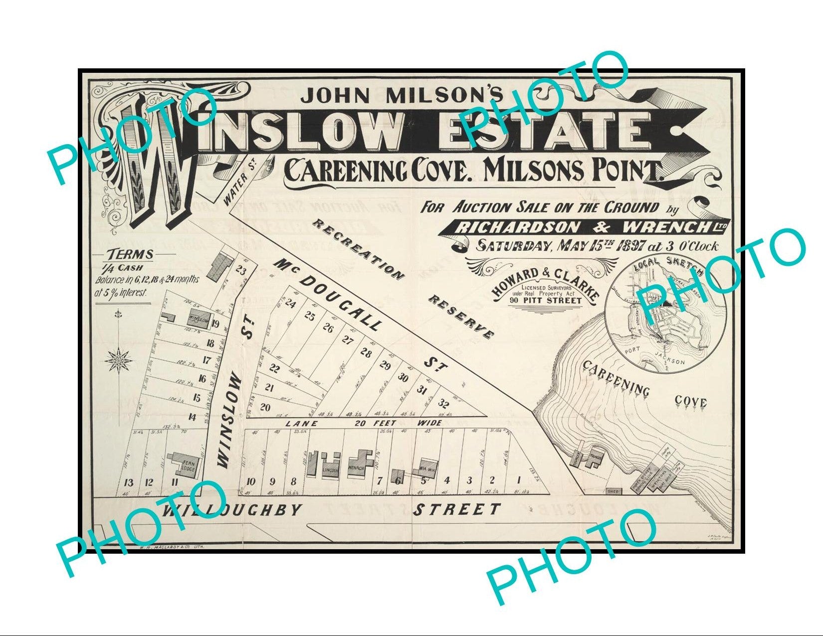 LARGE A3 HISTORIC POSTER OF SYDNEY NSW LAND SALE POSTER, MILSONS POINT c1897