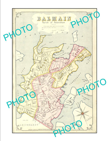 LARGE A3 HISTORIC PRINT OF SYDNEY NSW COUNCIL BOUNDRIES MAP, BALMAIN c1900,