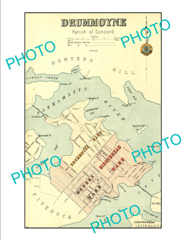 LARGE A3 HISTORIC PRINT OF SYDNEY NSW COUNCIL BOUNDRIES MAP, DRUMMOYNE c1900,