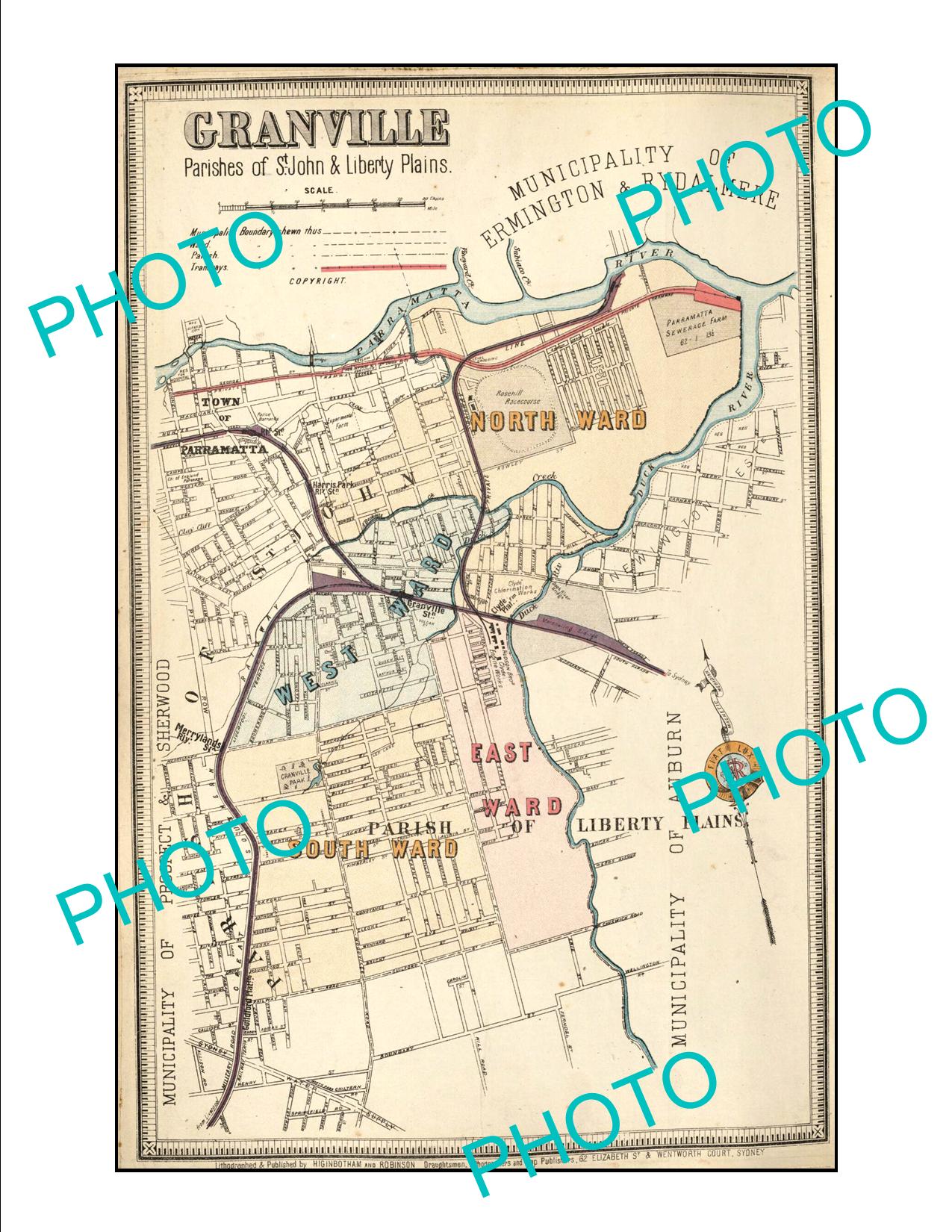 LARGE A3  HISTORIC PRINT OF SYDNEY NSW COUNCIL BOUNDRIES MAP, GRANVILLE c1900,