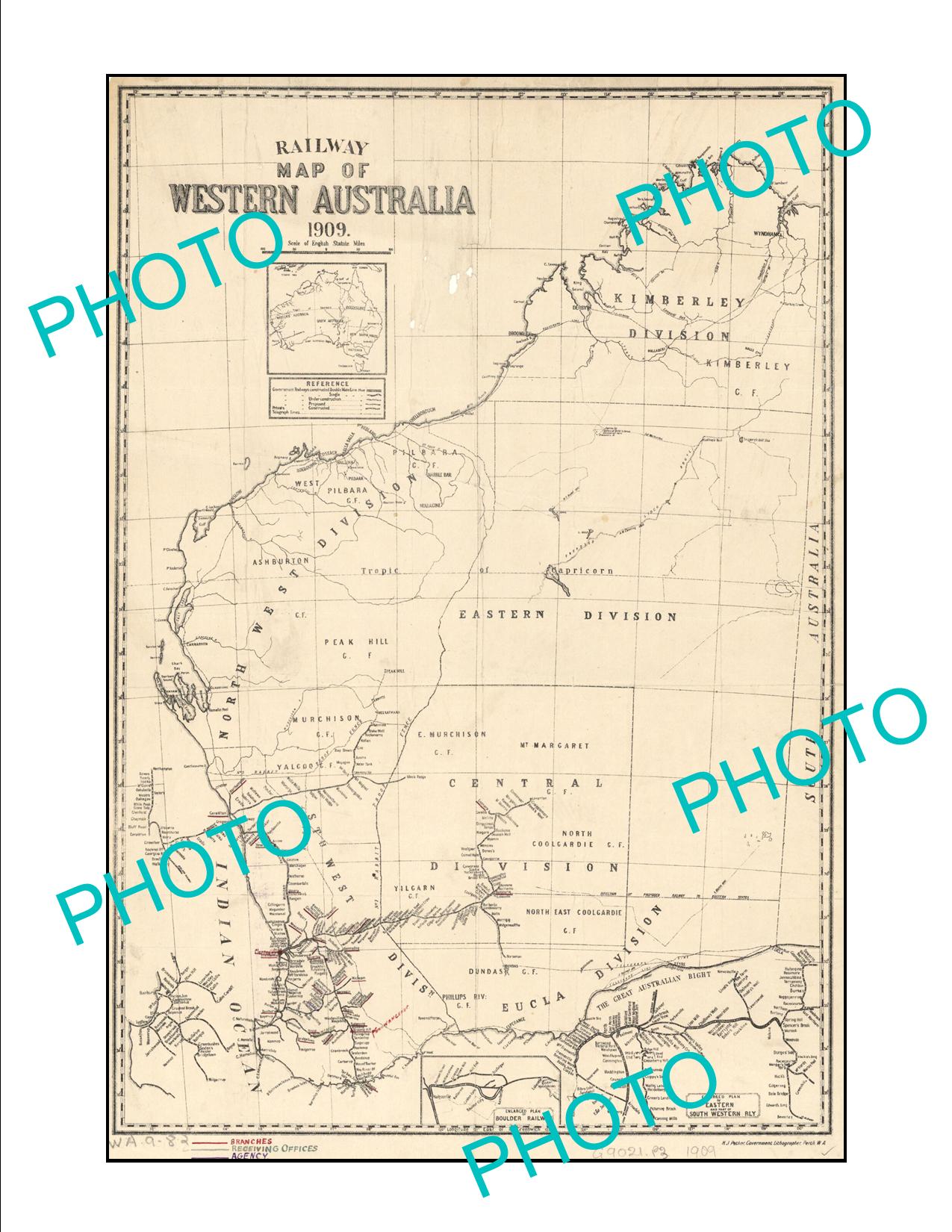 LARGE A3 HISTORIC PRINT OF WESTERN AUSTRALIAN RAILWAYS SYSTEM MAP c1909