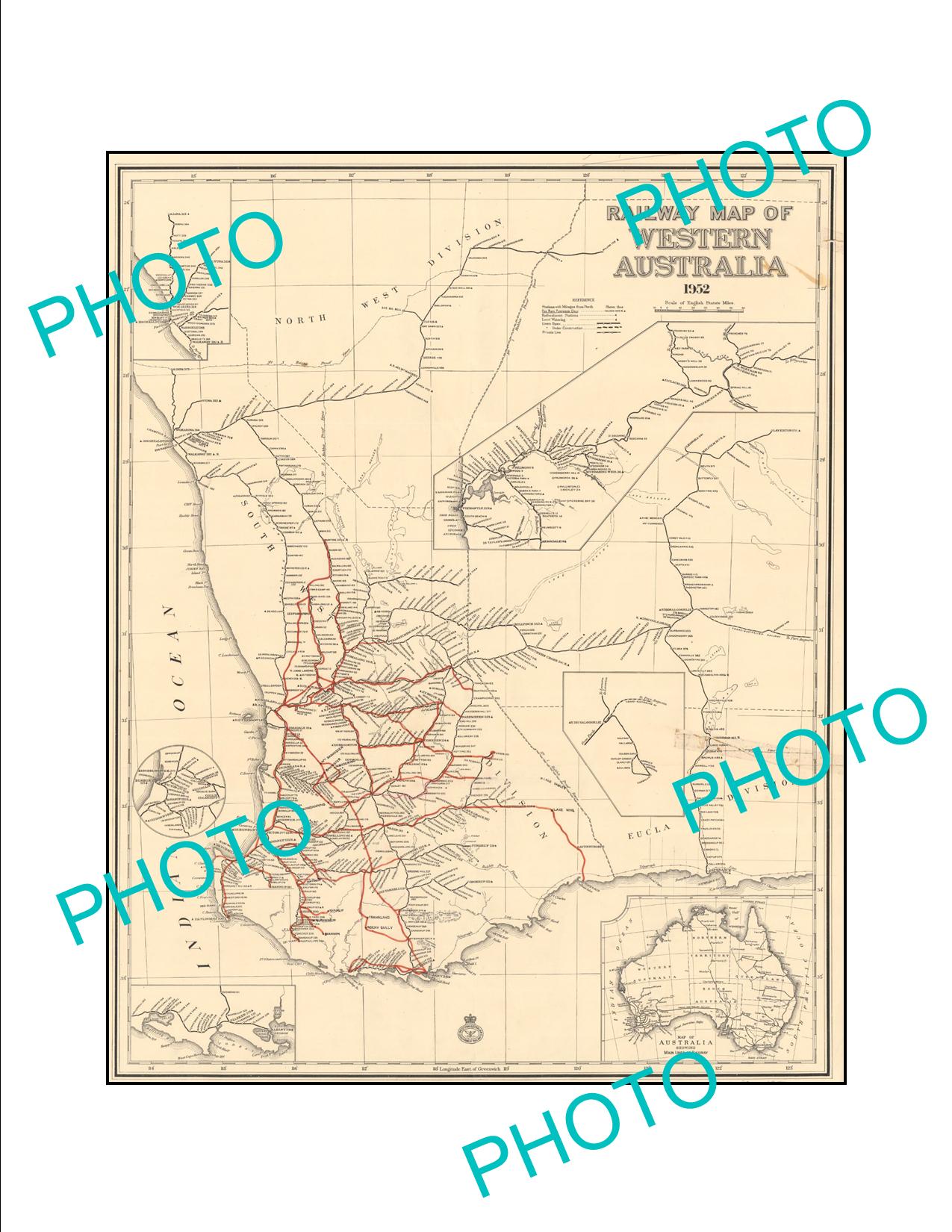 LARGE A3 HISTORIC PRINT OF WESTERN AUSTRALIAN RAILWAYS SYSTEM MAP c1950