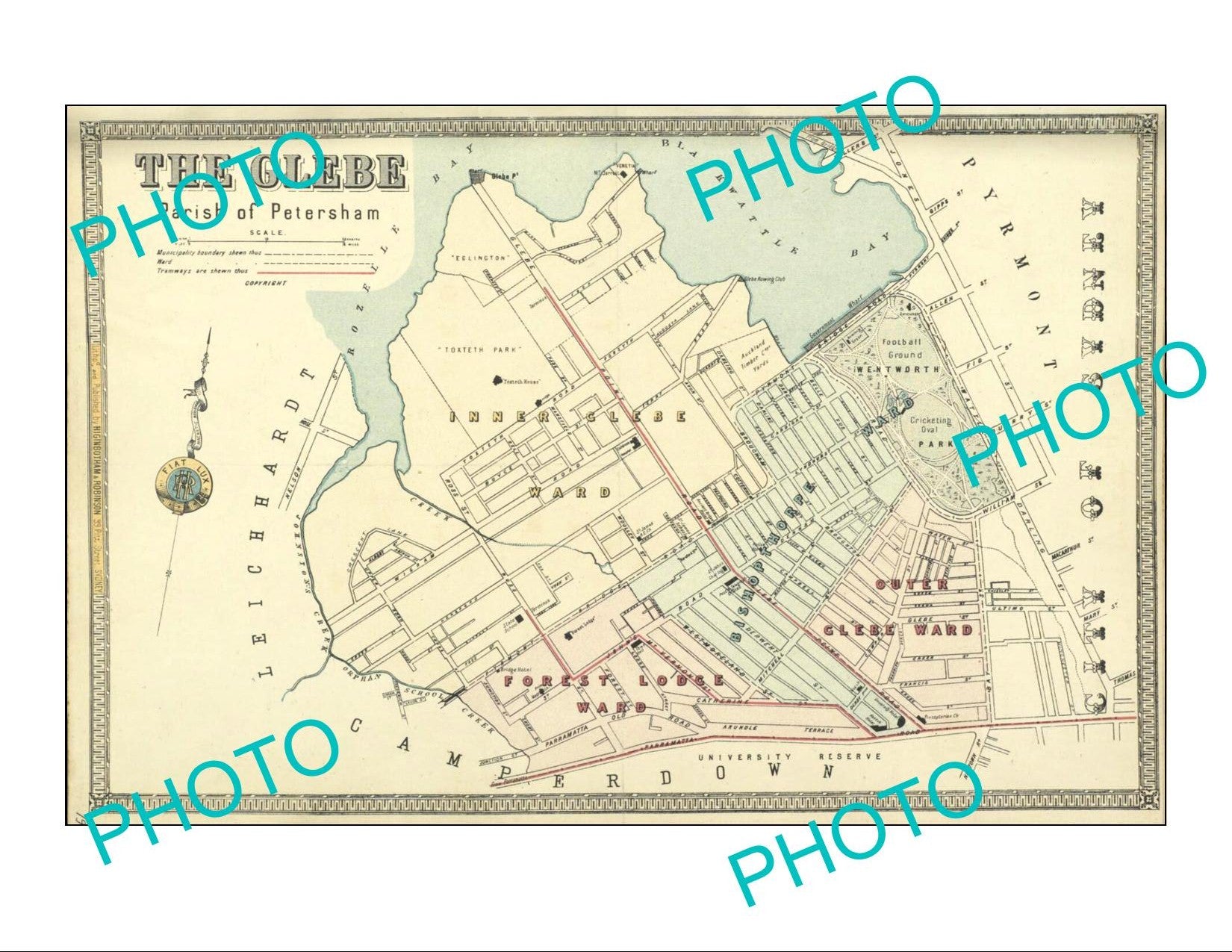 LARGE A3 HISTORIC PRINT OF SYDNEY NSW COUNCIL BOUNDRIES MAP, GLEBE c1900