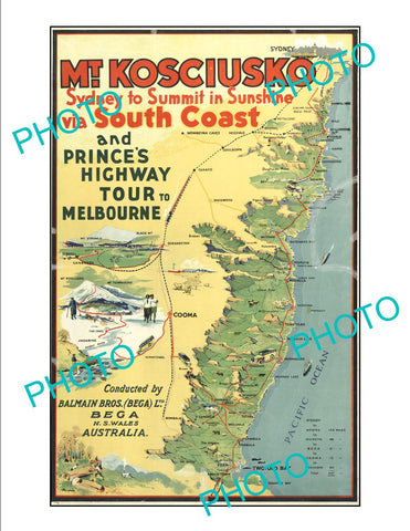 LARGE A3 HISTORIC PRINT OF MOUNT KOSCIUSKO NSW TOURISM POSTER c1940