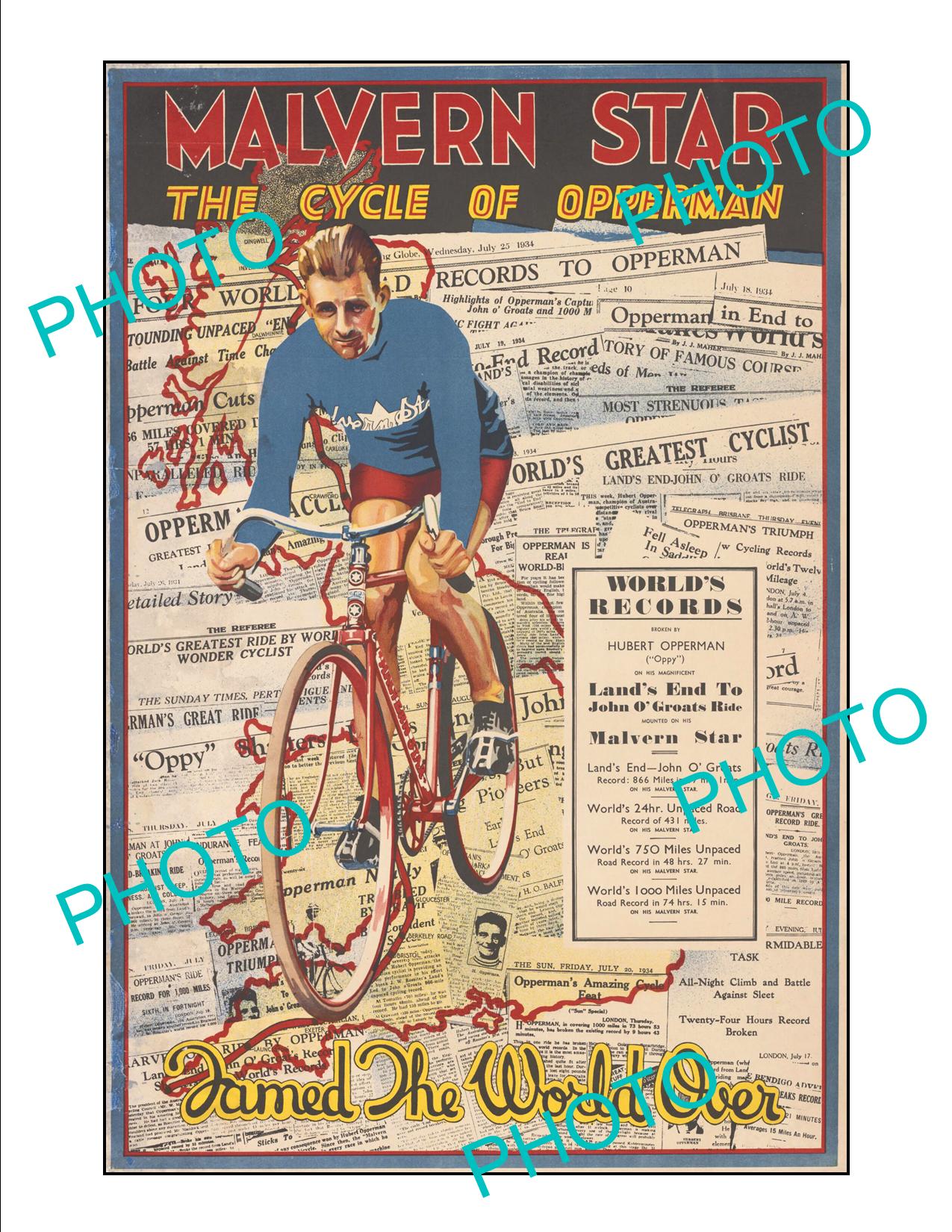 LARGE A3 HISTORIC PRINT OF MALVERN STAR HUBERT OPPERMAN CYCLING POSTER c1930