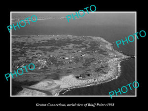 OLD LARGE HISTORIC PHOTO OF GROTON CONNECTICUT, AERIAL VIEW OF BLUFF POINT c1938