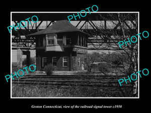 OLD LARGE HISTORIC PHOTO OF GROTON CONNECTICUT, THE RAILROAD SIGNAL TOWER c1950