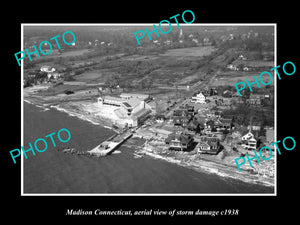OLD LARGE HISTORIC PHOTO OF MADISON CONNECTICUT, AERIAL VIEW STORM DAMAGE c1938