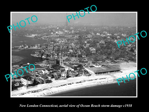 OLD LARGE HISTORIC PHOTO OF NEW LONDON CONNECTICUT AERIAL VIEW OCEAN BEACH 1938
