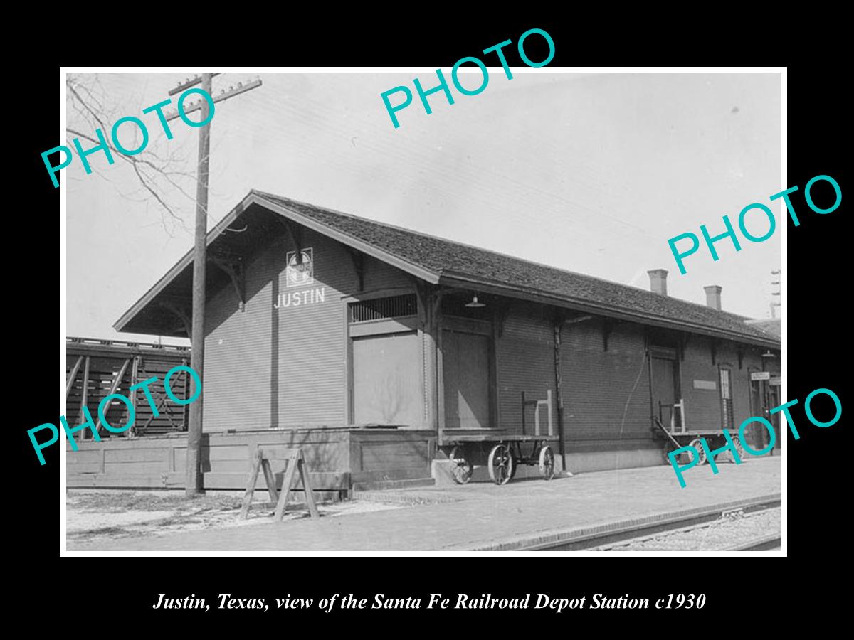 OLD LARGE HISTORIC PHOTO OF JUSTIN TEXAS, THE RAILROAD DEPOT STATION c1930