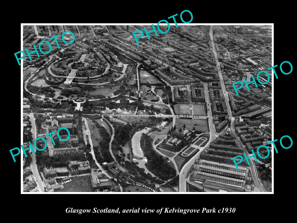 OLD LARGE HISTORIC PHOTO GLASGOW SCOTLAND, AERIAL VIEW OF KELVINGROVE PARK c1930