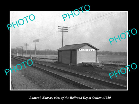 OLD LARGE HISTORIC PHOTO OF RANTOUL KANSAS, THE RAILROAD DEPOT STATION c1950